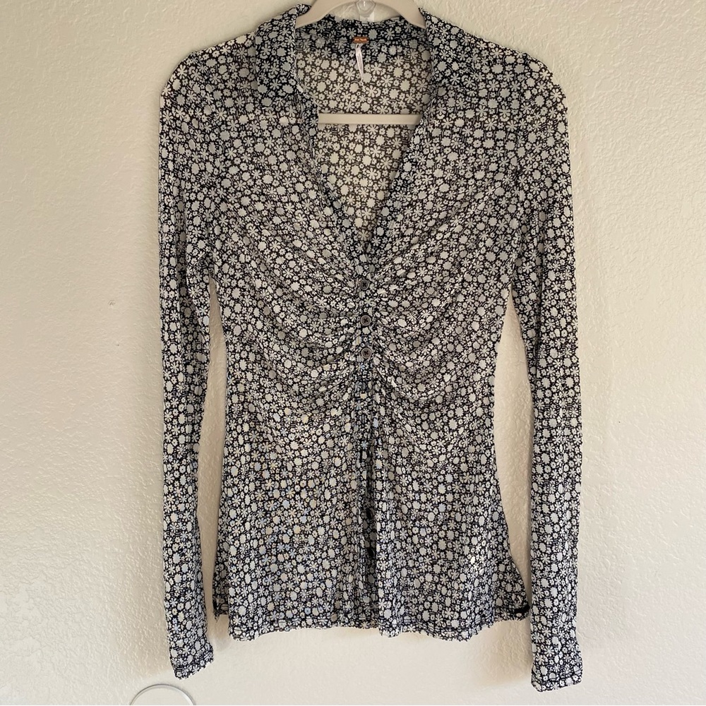 Free People Shirtee Black and White Floral Ruched Button-Down Top